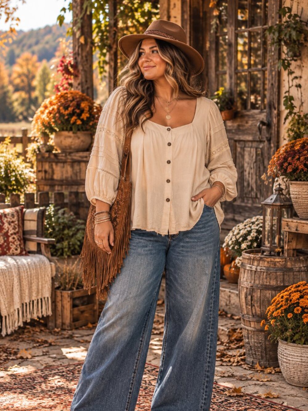 Böhme Cream Boho Button Front Blouse